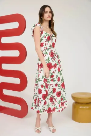 Blu Pepper Rose Garden Dress – Floral A-Line Midi with Sweetheart Neckline