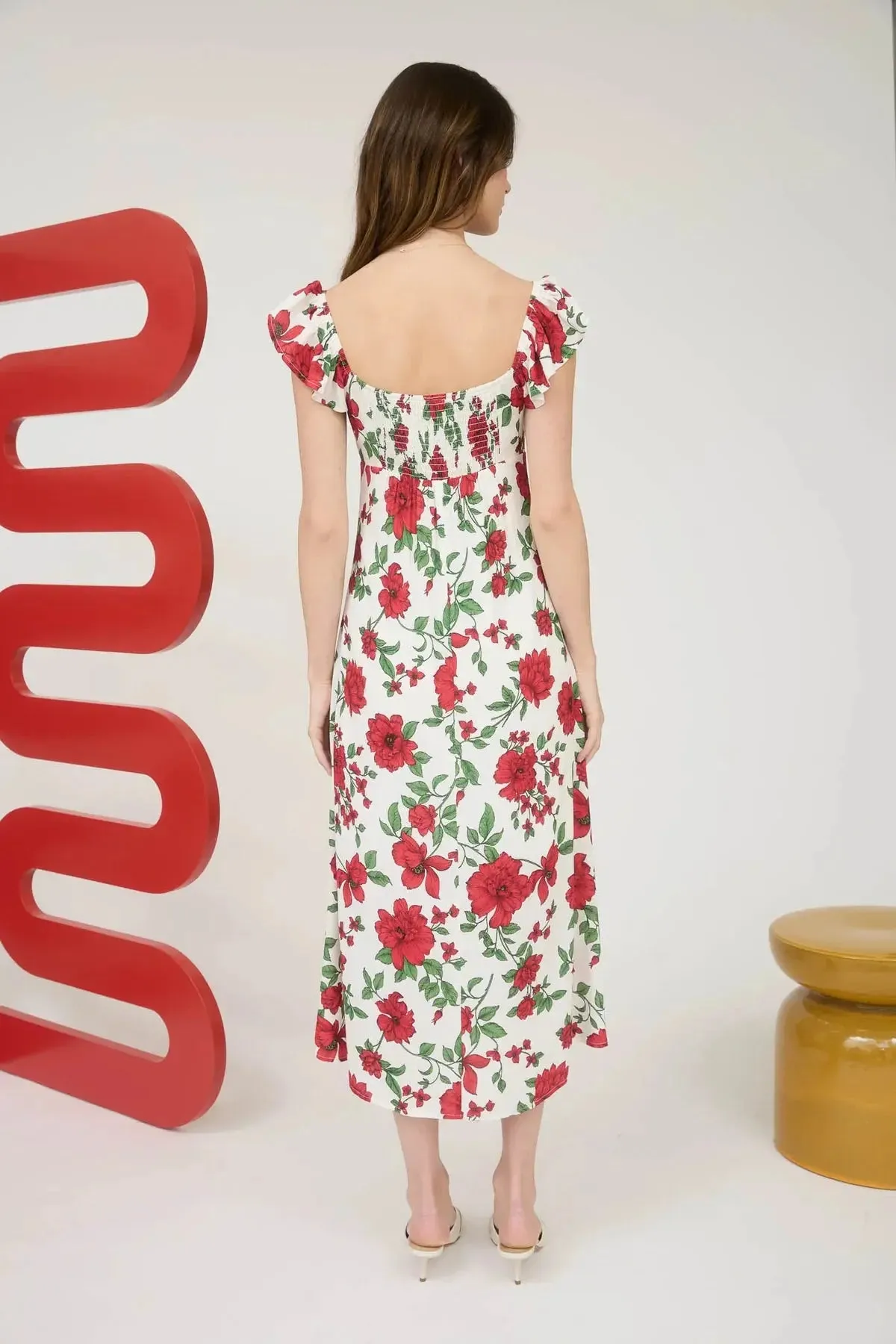 Blu Pepper Rose Garden Dress – Floral A-Line Midi with Sweetheart Neckline