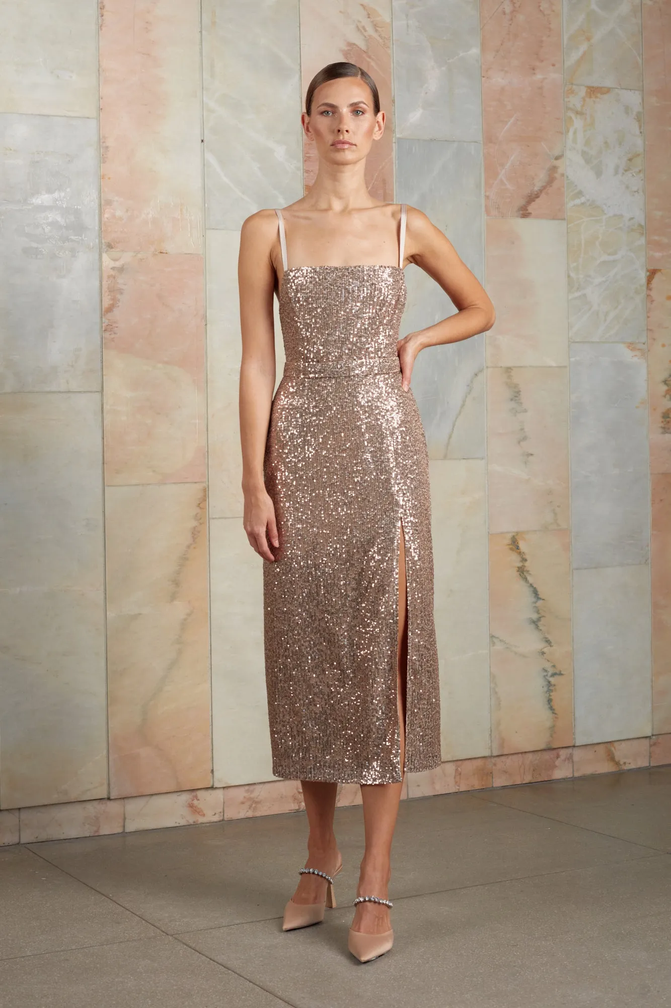 CHLOE nude sequin midi dress