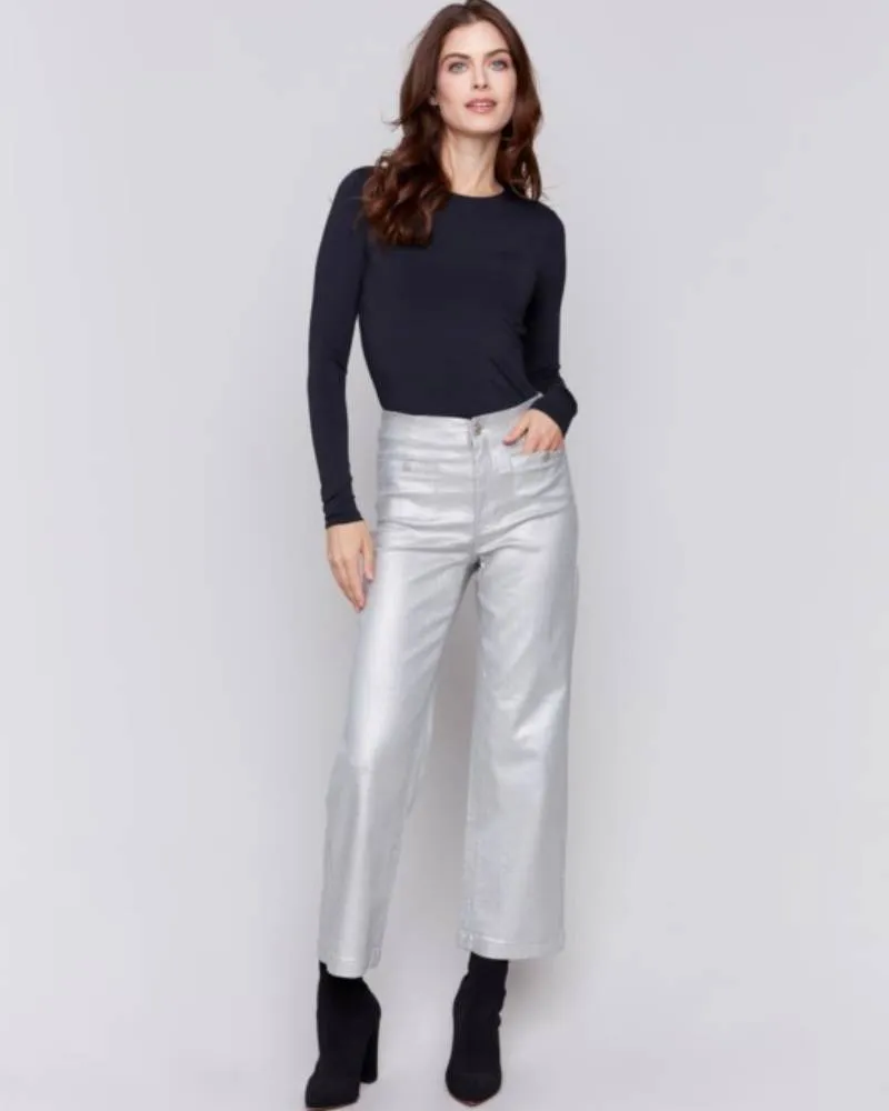 Metallic Wax Flared Pants