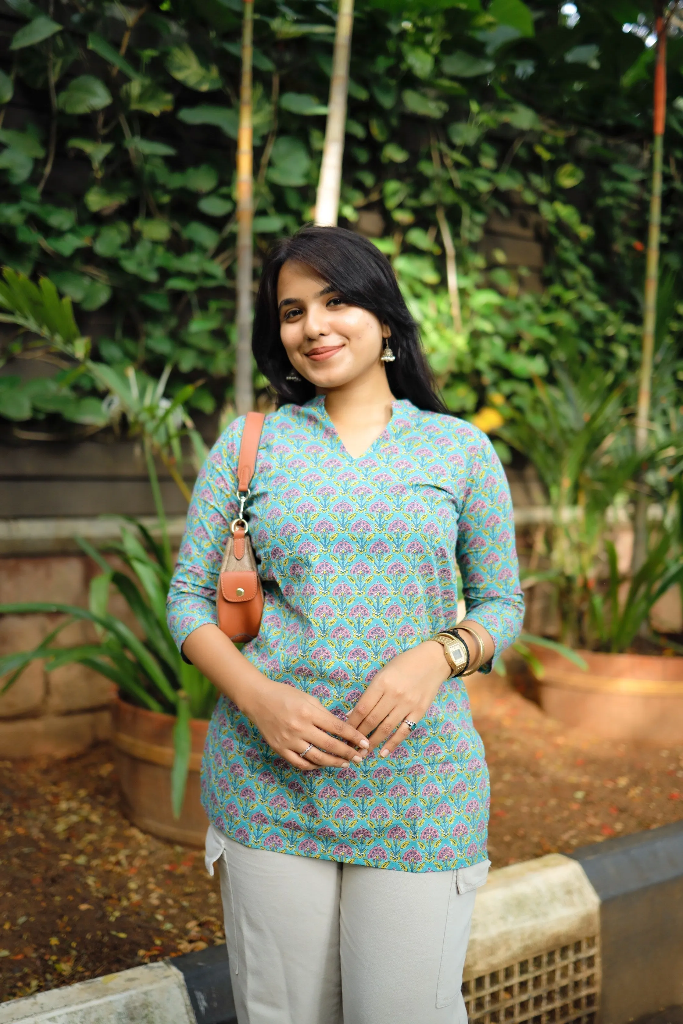 Short Kurti - 17 - Organic cotton short kurti in sky blue