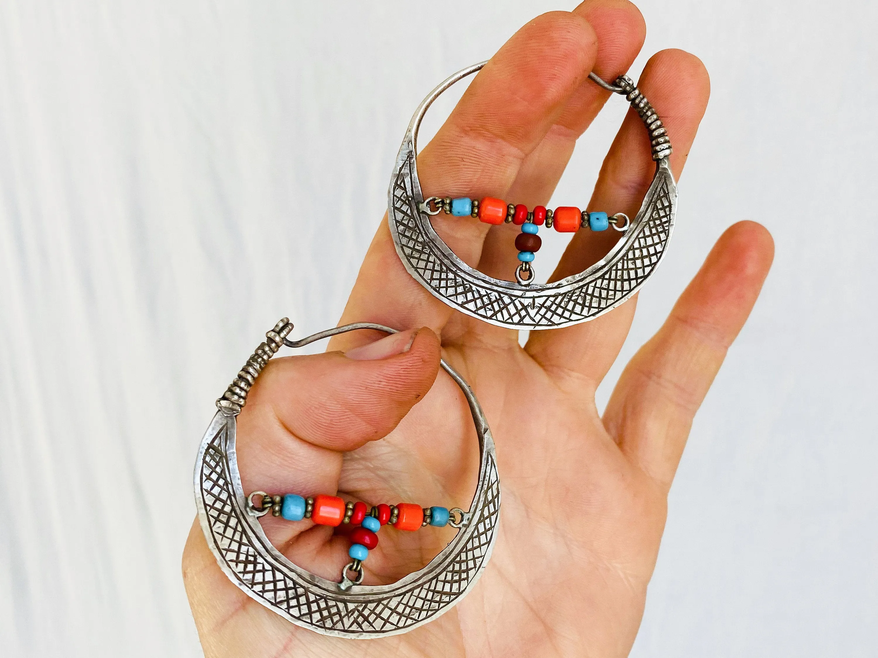 Vintage Uzbek Hoop Earrings. Bukhari Silver and Glass Earrings.