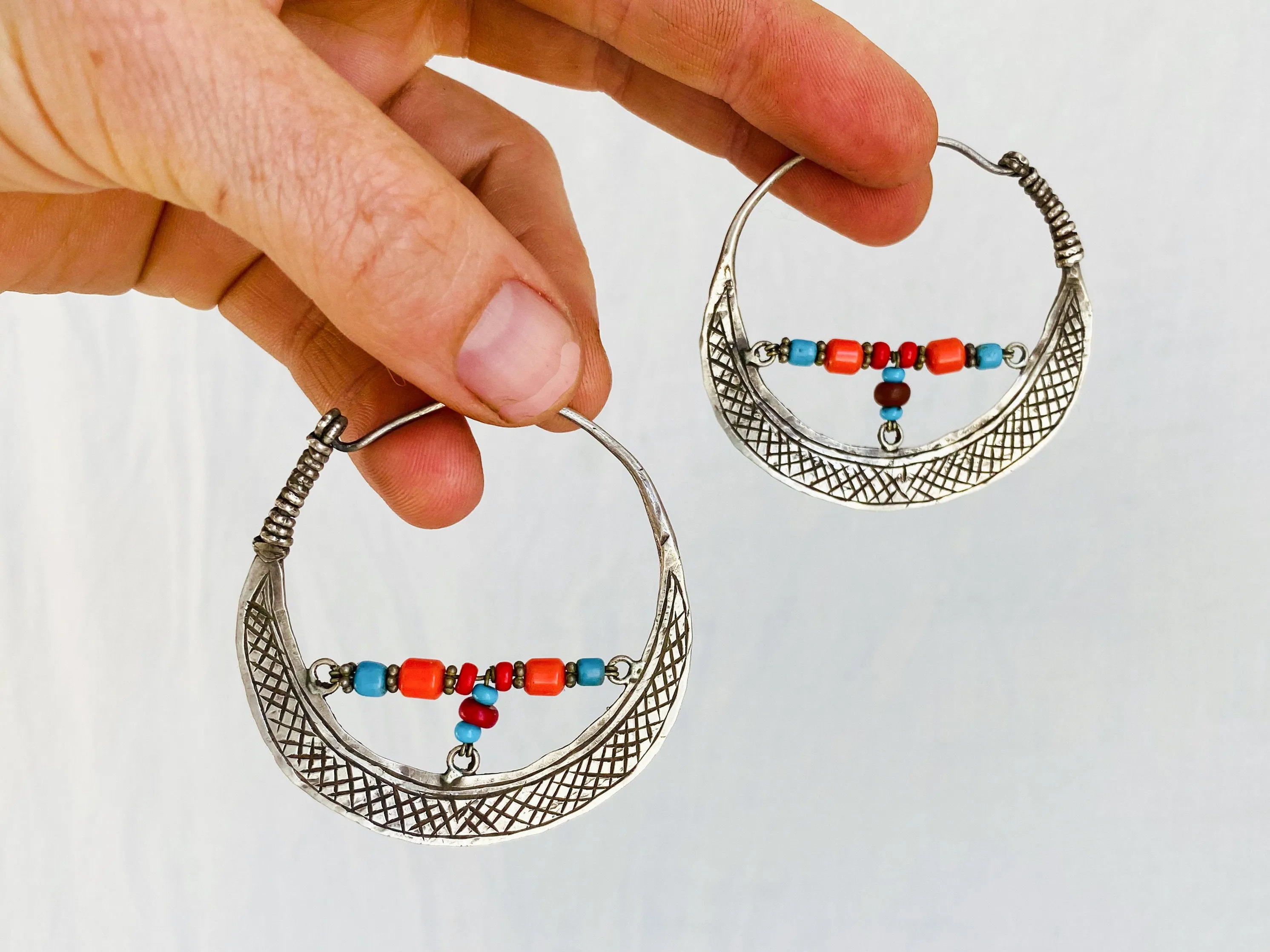 Vintage Uzbek Hoop Earrings. Bukhari Silver and Glass Earrings.