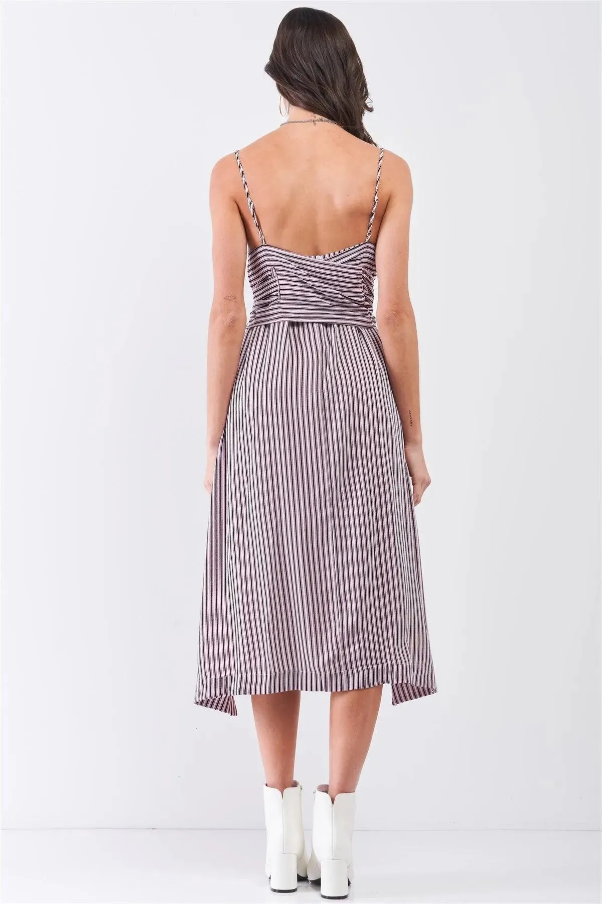 White Red Striped Sleeveless Square Neck Long Self-Tie Waist Detail Maxi Dress /1-2-2-1